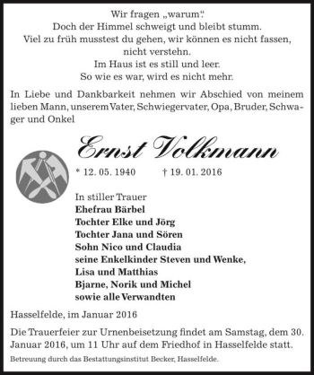 Traueranzeige von Ernst Volkmann  von Magdeburger Volksstimme