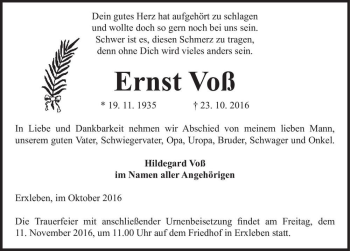 Traueranzeige von Ernst Voß  von Magdeburger Volksstimme