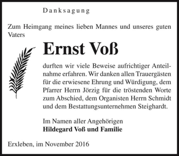 Traueranzeige von Ernst Voß  von Magdeburger Volksstimme