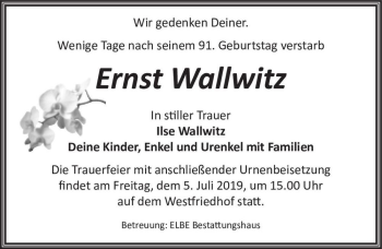 Traueranzeige von Ernst Wallwitz  von Magdeburger Volksstimme