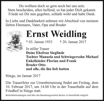 Traueranzeige von Ernst Weidling  von Magdeburger Volksstimme