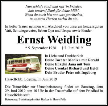 Traueranzeige von Ernst Weidling  von Magdeburger Volksstimme