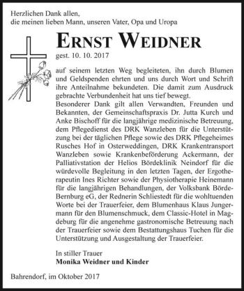 Traueranzeige von Ernst Weidner  von Magdeburger Volksstimme