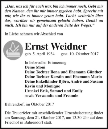 Traueranzeige von Ernst Weidner  von Magdeburger Volksstimme