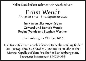 Traueranzeige von Ernst Wendt  von Magdeburger Volksstimme