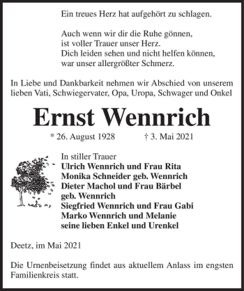 Traueranzeige von Ernst Wennrich  von Magdeburger Volksstimme
