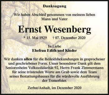 Traueranzeige von Ernst Wesenberg  von Magdeburger Volksstimme