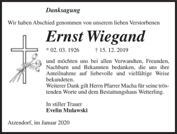 Traueranzeige von Ernst Wiegand  von Magdeburger Volksstimme