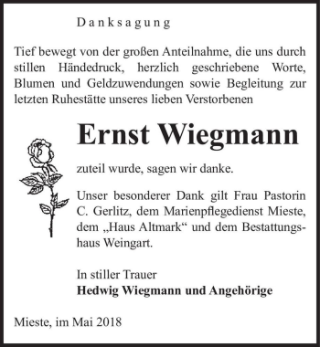 Traueranzeige von Ernst Wiegmann  von Magdeburger Volksstimme