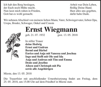 Traueranzeige von Ernst Wiegmann  von Magdeburger Volksstimme