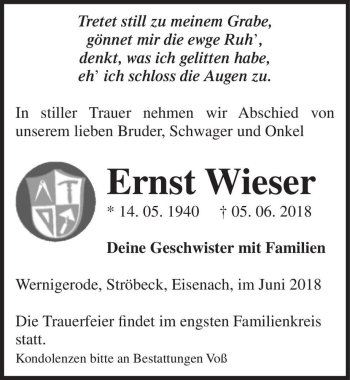 Traueranzeige von Ernst Wieser  von Magdeburger Volksstimme