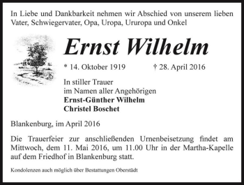 Traueranzeige von Ernst Wilhelm  von Magdeburger Volksstimme