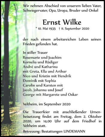 Traueranzeige von Ernst Wilke  von Magdeburger Volksstimme