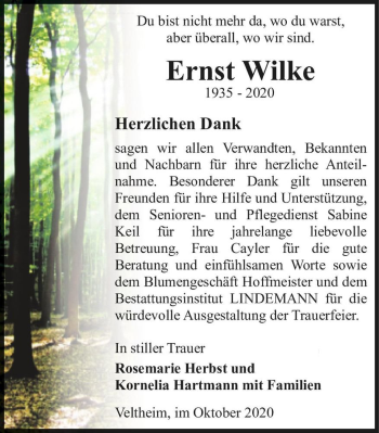 Traueranzeige von Ernst Wilke  von Magdeburger Volksstimme
