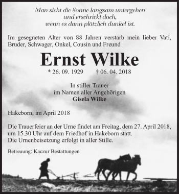 Traueranzeige von Ernst Wilke  von Magdeburger Volksstimme