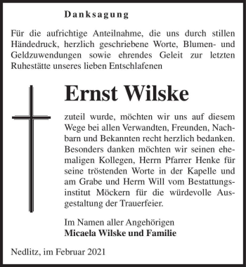 Traueranzeige von Ernst Wilske  von Magdeburger Volksstimme