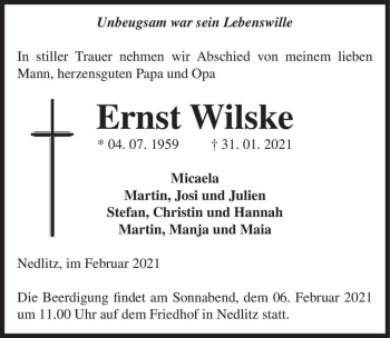 Traueranzeige von Ernst Wilske  von Magdeburger Volksstimme