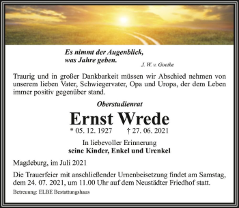 Traueranzeige von Ernst Wrede  von Magdeburger Volksstimme