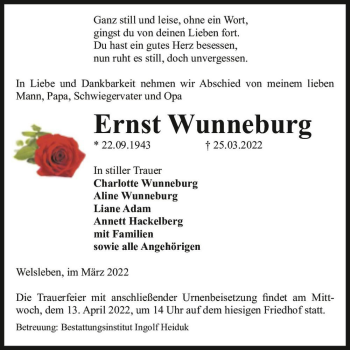 Traueranzeige von Ernst Wunneburg  von Magdeburger Volksstimme