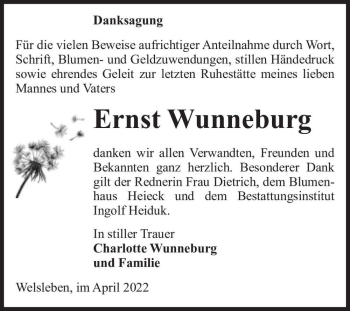Traueranzeige von Ernst Wunneburg  von Magdeburger Volksstimme