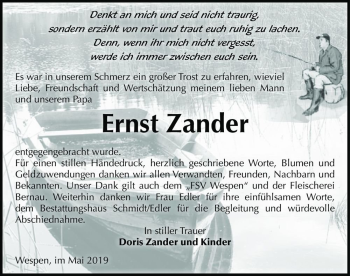 Traueranzeige von Ernst Zander  von Magdeburger Volksstimme