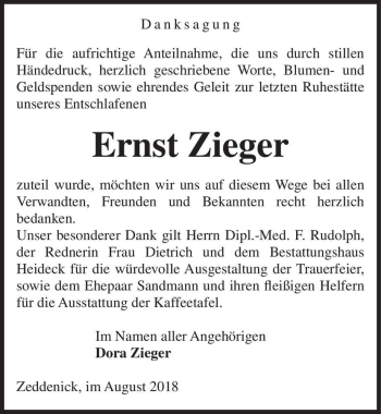 Traueranzeige von Ernst Zieger  von Magdeburger Volksstimme