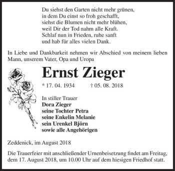 Traueranzeige von Ernst Zieger  von Magdeburger Volksstimme