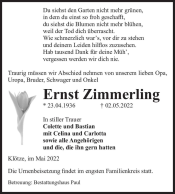 Traueranzeige von Ernst Zimmerling  von Magdeburger Volksstimme