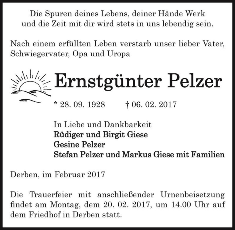  Traueranzeige für Ernstgünter Pelzer  vom 11.02.2017 aus Magdeburger Volksstimme