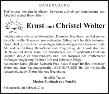 Traueranzeige von Ernst und Christel Wolter  von Magdeburger Volksstimme