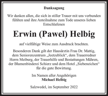 Traueranzeige von Erwin (Pawel) Helbig  von Magdeburger Volksstimme