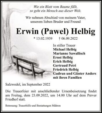 Traueranzeige von Erwin (Pawel) Helbig  von Magdeburger Volksstimme
