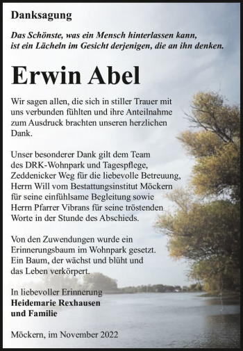 Traueranzeige von Erwin Abel  von Magdeburger Volksstimme