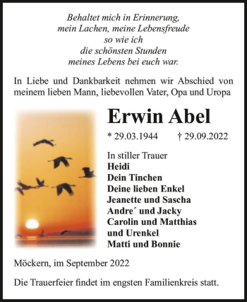 Traueranzeige von Erwin Abel  von Magdeburger Volksstimme