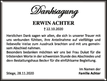 Traueranzeige von Erwin Achter  von Magdeburger Volksstimme