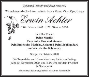 Traueranzeige von Erwin Achter  von Magdeburger Volksstimme