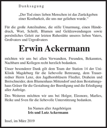 Traueranzeige von Erwin Ackermann  von Magdeburger Volksstimme