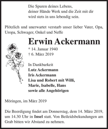 Traueranzeige von Erwin Ackermann  von Magdeburger Volksstimme