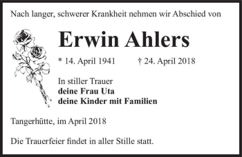 Traueranzeige von Erwin Ahlers  von Magdeburger Volksstimme