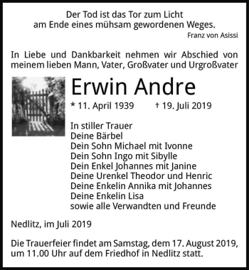 Traueranzeige von Erwin Andre  von Magdeburger Volksstimme