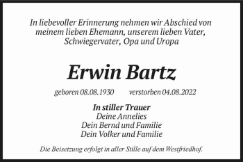 Traueranzeige von Erwin Bartz  von Magdeburger Volksstimme
