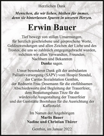 Traueranzeige von Erwin Bauer  von Magdeburger Volksstimme