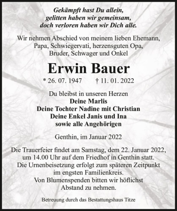 Traueranzeige von Erwin Bauer  von Magdeburger Volksstimme