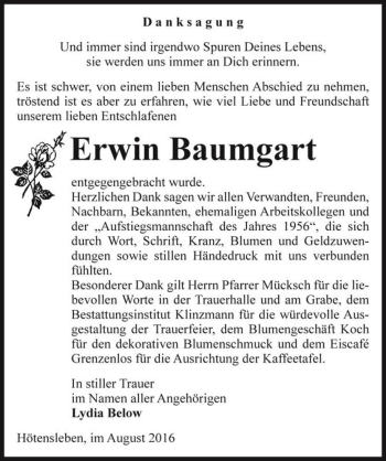 Traueranzeige von Erwin Baumgart  von Magdeburger Volksstimme
