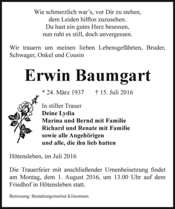 Traueranzeige von Erwin Baumgart  von Magdeburger Volksstimme
