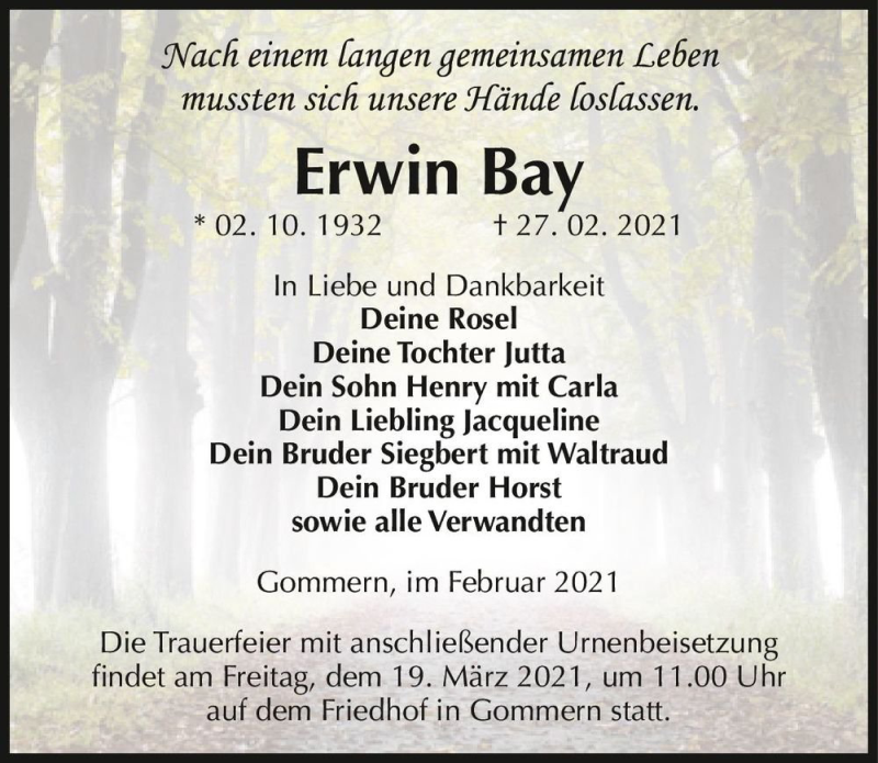  Traueranzeige für Erwin Bay  vom 06.03.2021 aus Magdeburger Volksstimme