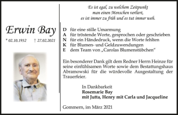 Traueranzeige von Erwin Bay  von Magdeburger Volksstimme