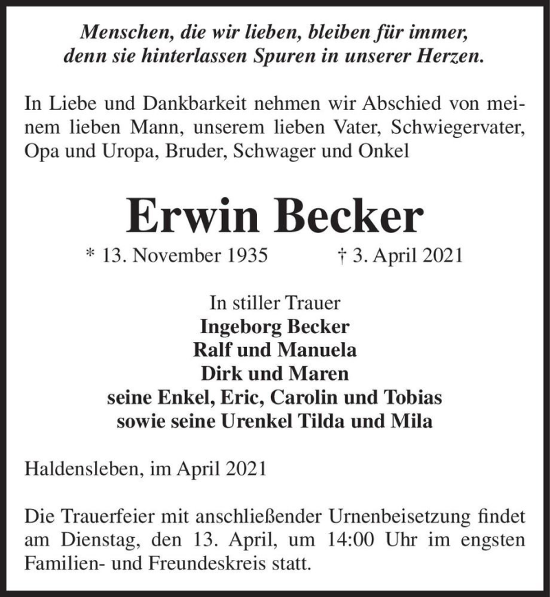  Traueranzeige für Erwin Becker  vom 07.04.2021 aus Magdeburger Volksstimme