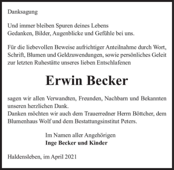 Traueranzeige von Erwin Becker  von Magdeburger Volksstimme