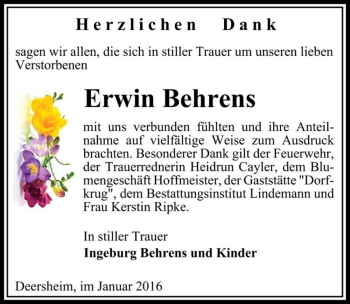 Traueranzeige von Erwin Behrens  von Magdeburger Volksstimme